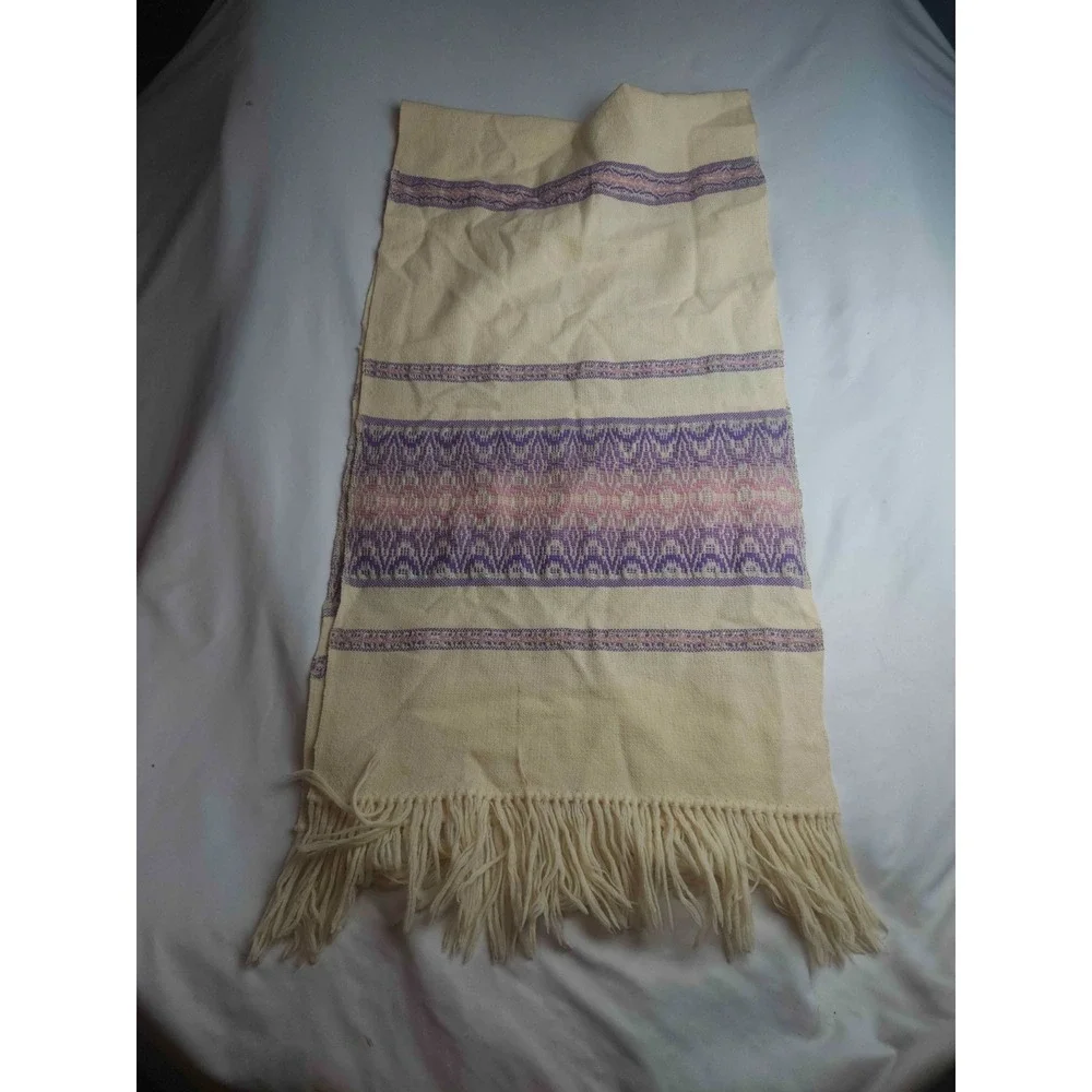 Hand Woven Table Runner Scarf Cream Purple Pink Fringe Artisanal Woven Decor 35